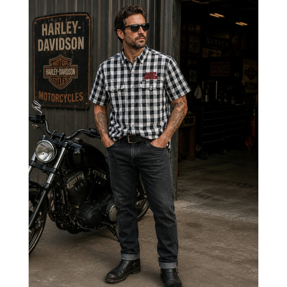 Harley Davidson Mens Shirt M Black White‎ Plaid Short Sleeve Embroidered Biker